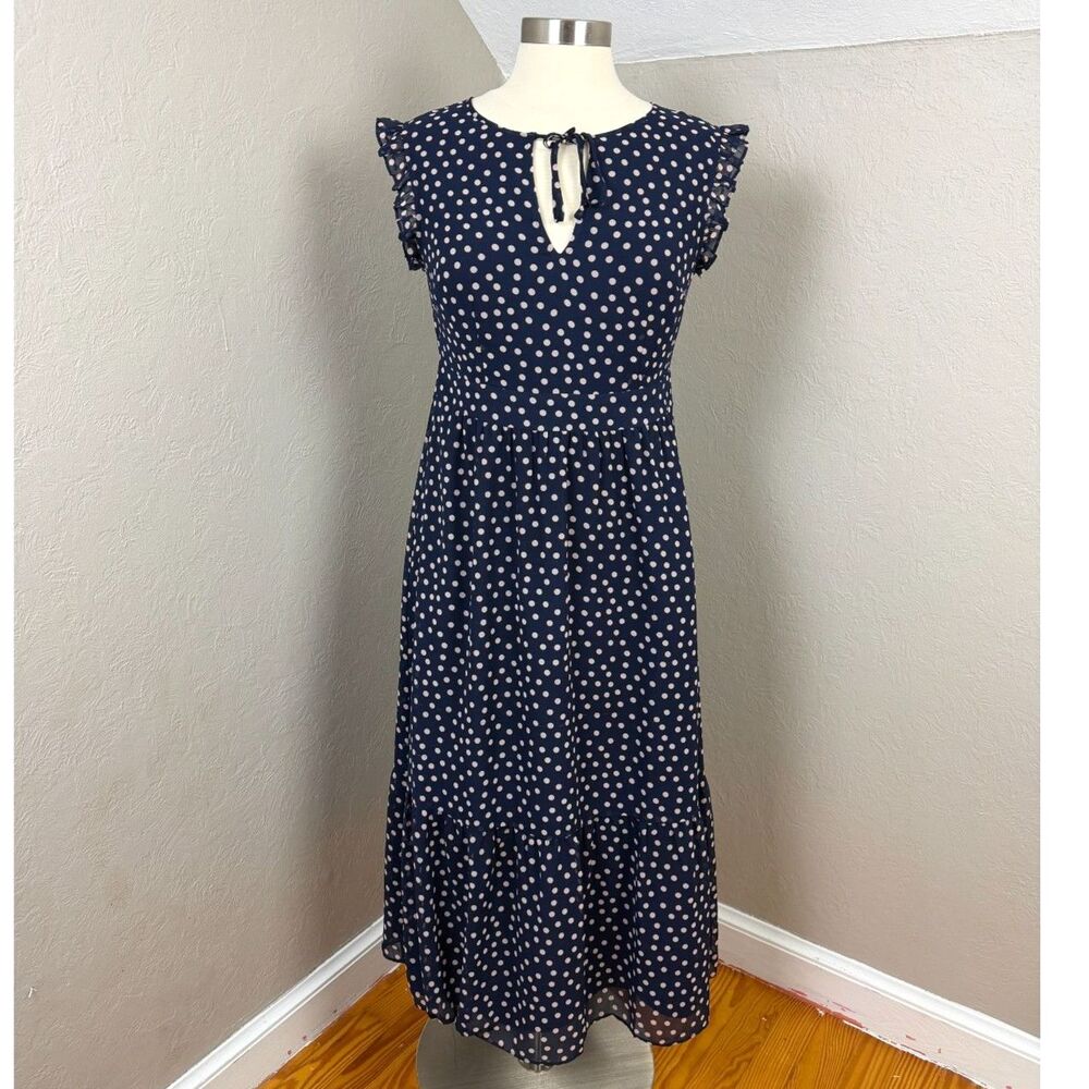 Boden | Navy Blue and Pink Polka Dot Chiffon Midi Dress Size 10P